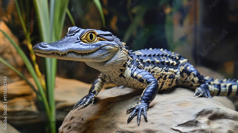 Obraz premium A close-up of a young crocodile resting on a rock among greenery.