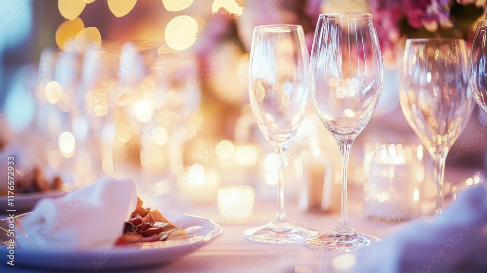 The elegant and select wedding decoration for the wedding table (Wine Glasses and appetizers), as well as the soft light and romantic atmosphere of the dinner service menue, as guests are seated The elegant and select wedding decoration for the wedding table (Wine Glasses and appetizers), as well as the soft light and romantic atmosphere of the dinner service menue, as guests are seated