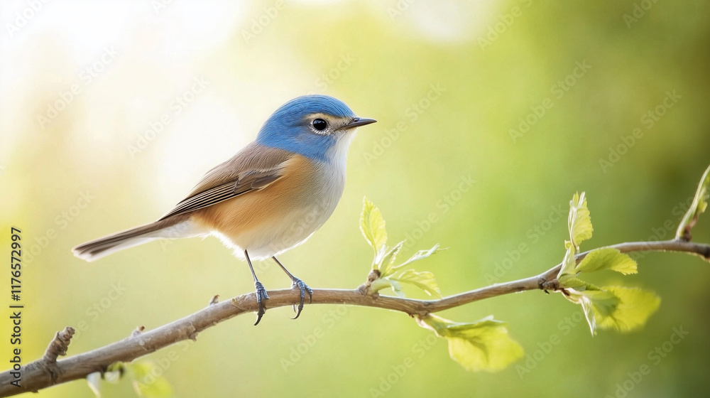 Bluebird Perched on a Branch: A delicate bluebird with a vibrant blue crown, perched on a slender branch, bathed in soft, golden sunlight. The image evokes a sense of peace, tranquility. Bluebird Perched on a Branch: A delicate bluebird with a vibrant blue crown, perched on a slender branch, bathed in soft, golden sunlight. The image evokes a sense of peace, tranquility.