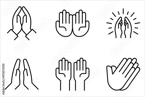 Pray icon set. Hands folded in prayer line icon on white background