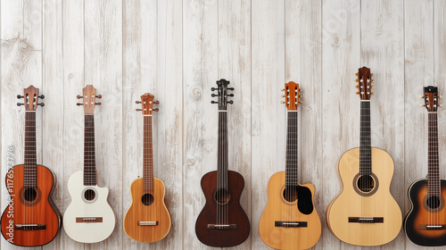 Wallpaper Mural Acoustic Guitar Collection: A harmonious arrangement of six acoustic guitars, each with its unique finish and design, against a rustic wood backdrop. Torontodigital.ca