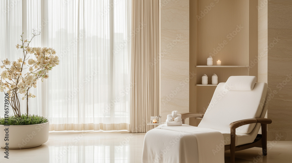 Serene Spa Relaxation: Luxurious spa treatment room with chaise lounge, natural light, and tranquil decor. Perfect for wellness, relaxation, and self-care. Serene Spa Relaxation: Luxurious spa treatment room with chaise lounge, natural light, and tranquil decor. Perfect for wellness, relaxation, and self-care.