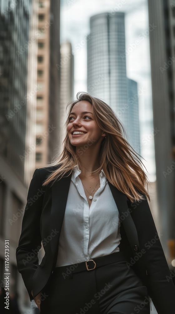 A single woman, dressed like a businesswoman in a dark suit, smiles confidently as she walks through a street surrounded by tall buildings in the capital A single woman, dressed like a businesswoman in a dark suit, smiles confidently as she walks through a street surrounded by tall buildings in the capital