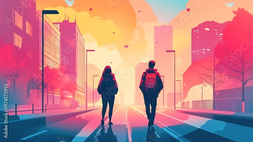 A vibrant city scene of two students walking away from the camera,carrying backpacks,symbolizing education