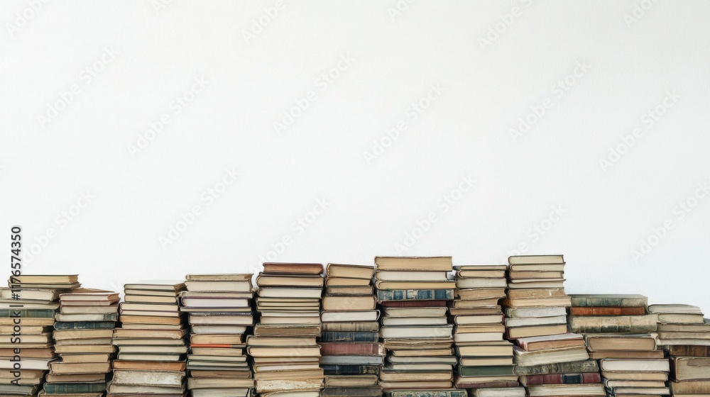 White background with stacks of old books White background with stacks of old books