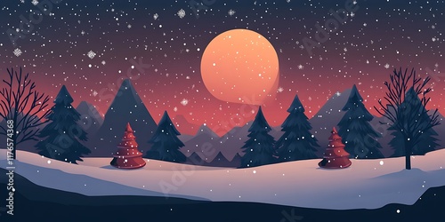 Snowy Winter Night Landscape Perfect for Christmas Cards, Holiday Decorations, and Winter themed Designs