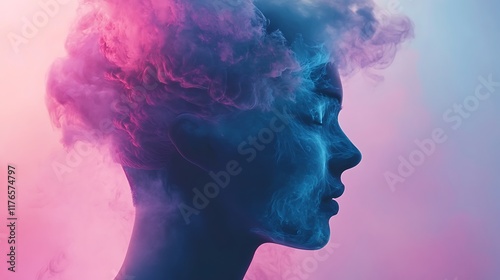 Abstract portrait of a womans face merging with pink and blue smoke,representing the complexity of human thoughts,emotions
