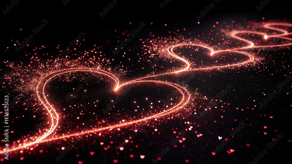 Fototapeta premium Radiant Red Glitter Trails Shaped in Heart Patterns on Black Background