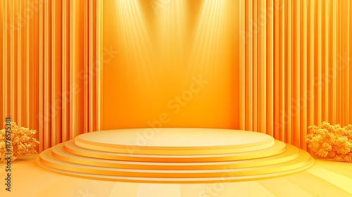 Stage with Golden Curtains and Spotlights Ideal for Product Displays, Awards Ceremonies, or Elegant Presentations