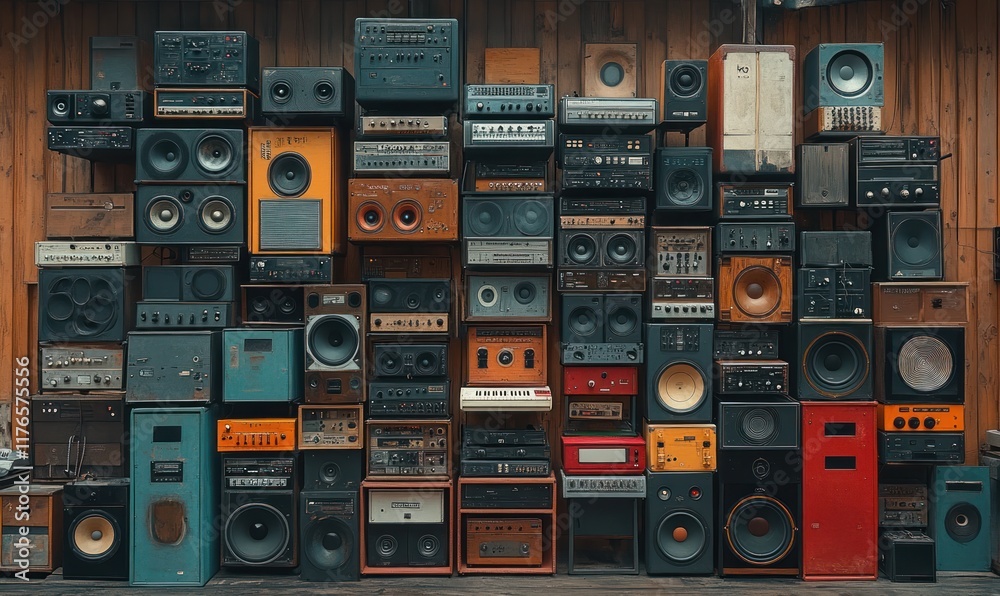 Obraz premium Vintage audio equipment wall, stacked speakers, stereos.
