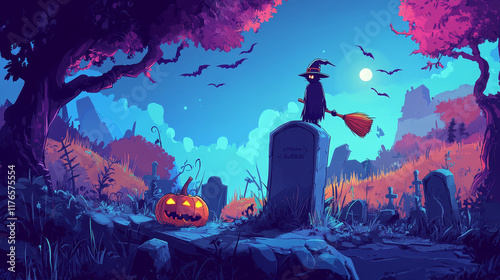 Halloween black frame template for social media post and storytelling, cartoon vector cemetery. Halloween holiday and horror night party witch with pumpkin, broom and black cat on cemetery tombstone photo