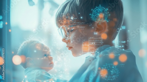 Wallpaper Mural Double exposure of a pediatrician with a child patient and medical system icons related to child healthcare. Torontodigital.ca