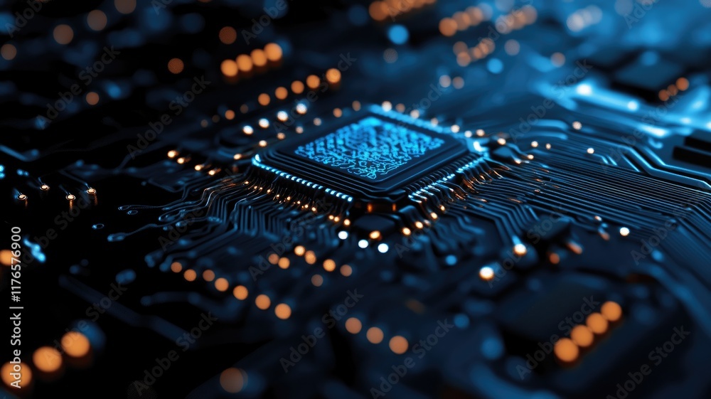 Obraz premium Close-up of microchip on electronic circuit board glowing with blue light