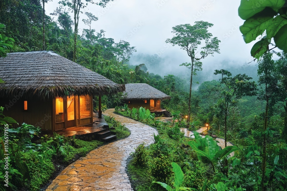 Lighted jungle huts, stone path, lush foliage. Lighted jungle huts, stone path, lush foliage.