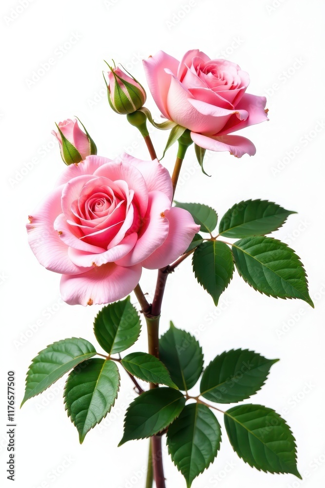 Fototapeta premium Delicate pink roses and lush green leaves isolated on white , pink rose, flower, studio