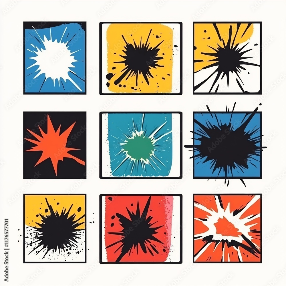 Abstract colorful graphic design with ink splatter effects in a grid pattern.