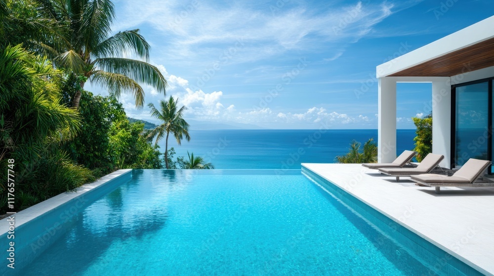 Fototapeta premium Luxurious tropical villa nestled in a lush secluded paradise with an inviting infinity pool and breathtaking ocean vistas offering the ultimate in relaxation and vacation bliss