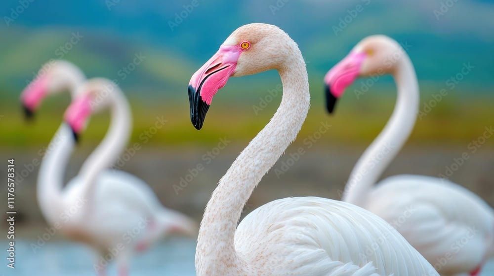 Fototapeta premium Graceful flamingos wading in a tranquil untouched tropical lake surrounded by lush wilderness a serene eco tourism destination celebrating the beauty of nature