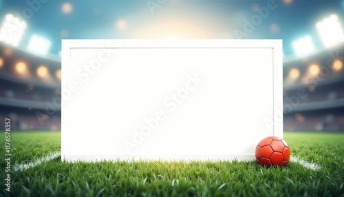 Blank white sign with soccer ball in stadium under bright lights. photo