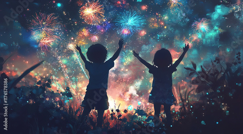 Two children, facing away from the camera with their hands raised in joy photo