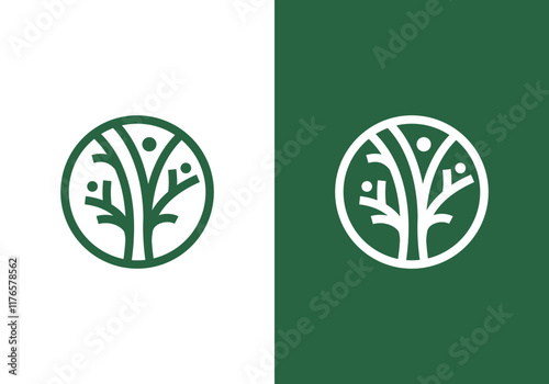 line art nature logo vector design of tree and man or person inside circle, abstract tree logo symbol inside circle	