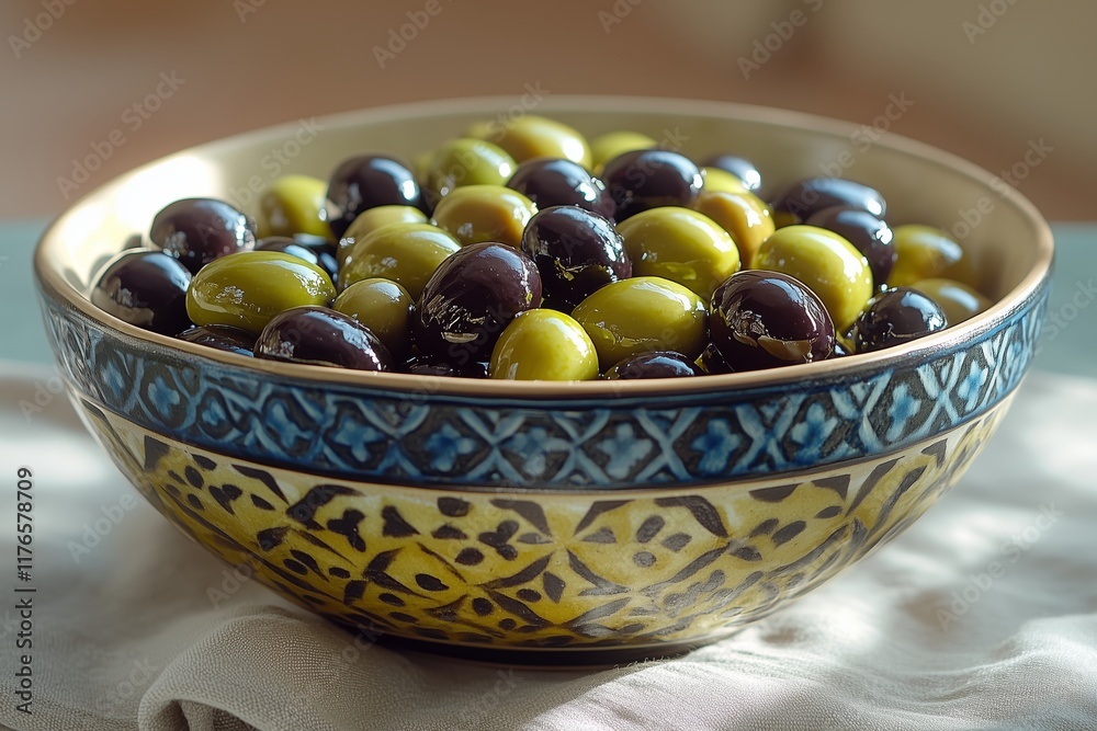 Green, black olives nestling in decorative ceramic bowl, offering mediterranean inspired culinary charm Green, black olives nestling in decorative ceramic bowl, offering mediterranean inspired culinary charm