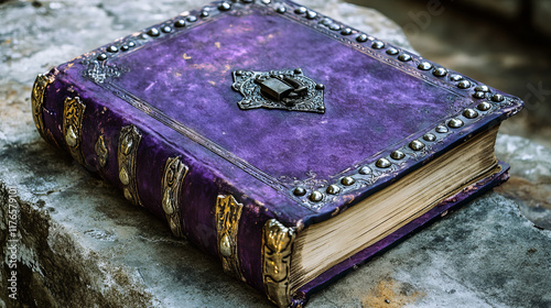 Game book, isolated cartoon vector ornate, mystical grimoire with a vibrant purple cover with talon rips, secured with a silver lock and detailed with metallic studs, book with secrets or magic spells photo