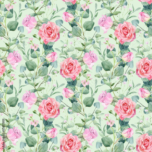 Colorful floral pattern featuring pink roses and green foliage on a light background