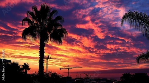 A vibrant sunset with palm trees and a construction crane silhouetted against colorful clouds.