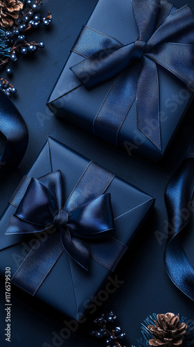 Navy Blue Gift Boxes with Bows  Festive Holiday Decor
