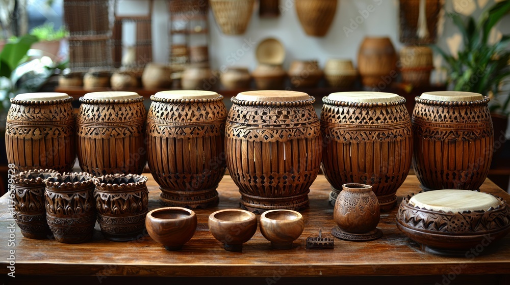 Fototapeta premium Intricate wooden drums and bowls arranged on a wooden table.