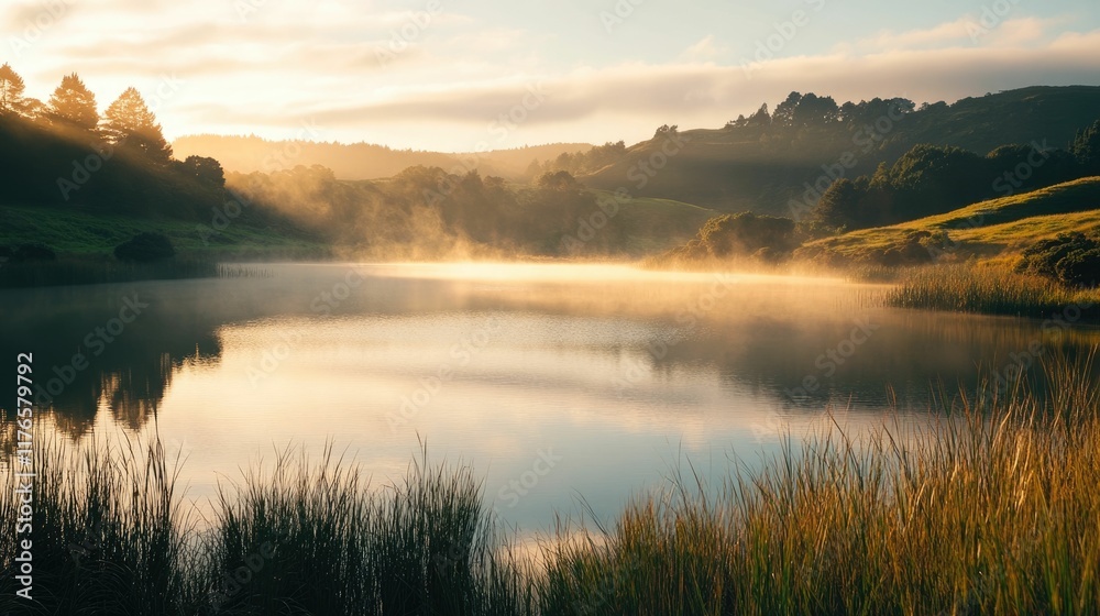Fototapeta premium Breathtaking landscape with a serene lake surrounded by lush hills trees and a misty glowing sunrise This picturesque eco friendly scene radiates a sense of tranquility and natural harmony