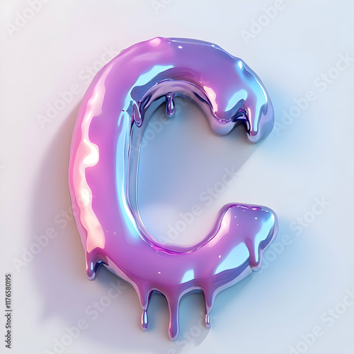 3D Render of Dripping Metallic Letter C, Iridescent Purple Blue Abstract Background photo