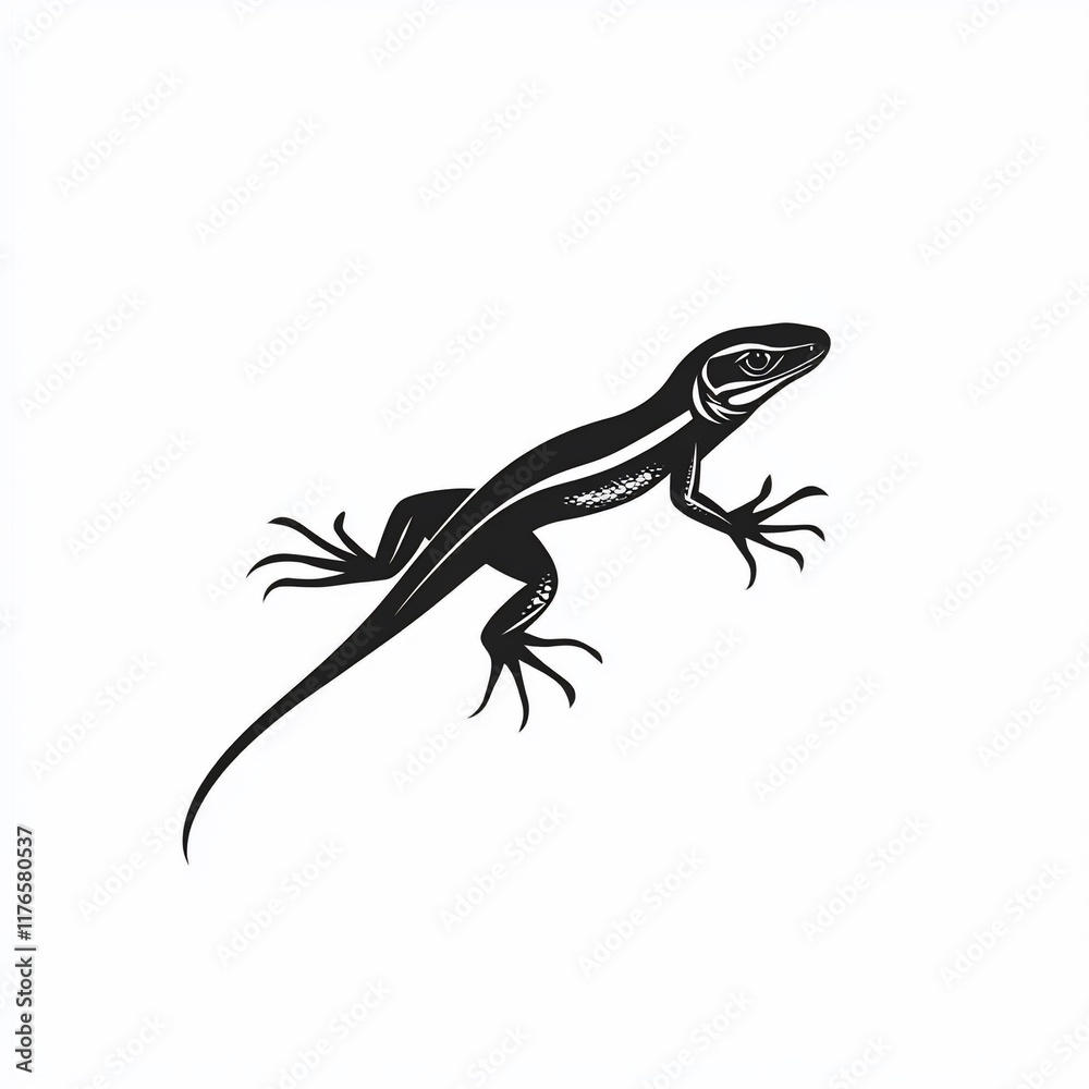 Obraz premium Silhouetted lizard in profile view, detailed anatomical features, scales, claws, and tail are visible.