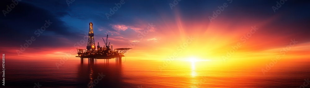 A serene sunset illuminates an offshore oil rig, casting vibrant colors across the sky and reflecting on the calm sea. A serene sunset illuminates an offshore oil rig, casting vibrant colors across the sky and reflecting on the calm sea.