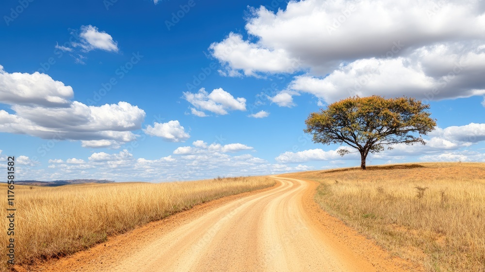 Winding dirt road in vast, dry landscape under bright blue sky with scattered white clouds Winding dirt road in vast, dry landscape under bright blue sky with scattered white clouds