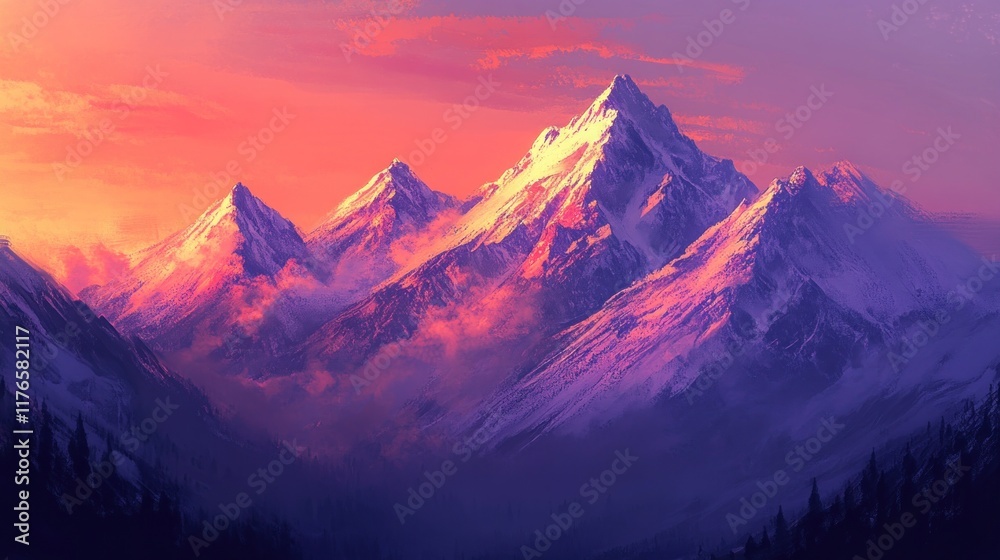 Obraz premium A serene mountain landscape at sunset, showcasing snow-capped peaks and vibrant colors.