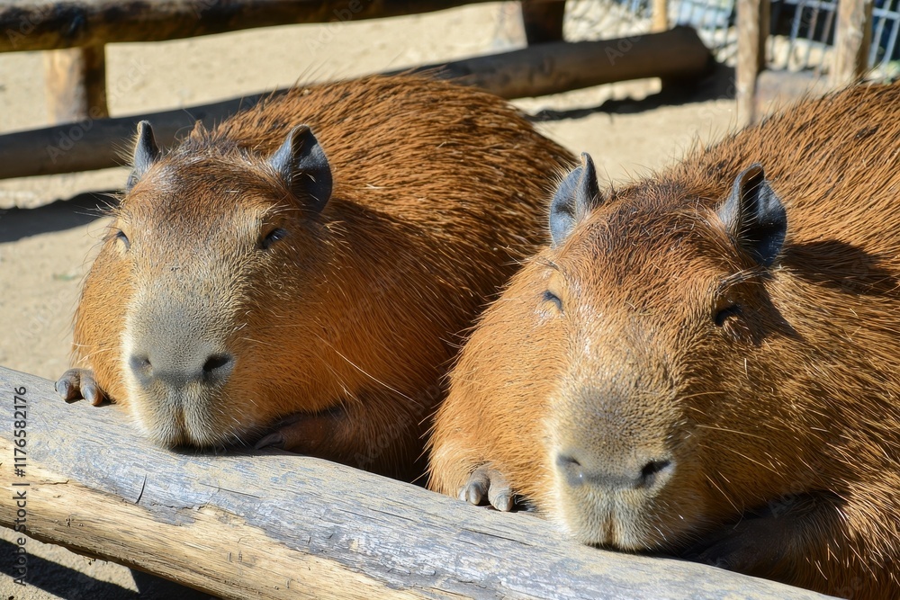 A close-up of a capybara family lounging by a riverbank A close-up of a capybara family lounging by a riverbank