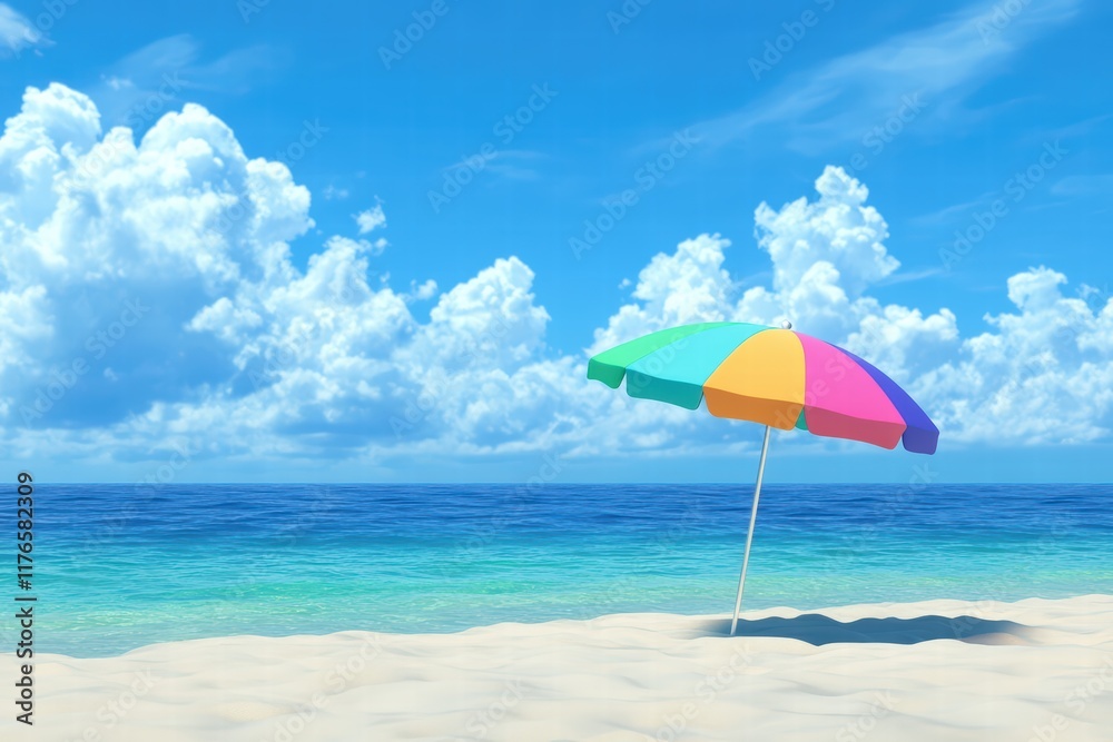 Colorful Umbrella on a Tranquil Beach Under Bright Blue Sky