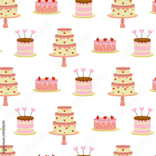 Colorful cake pattern with various designs and decorations for celebrations and events