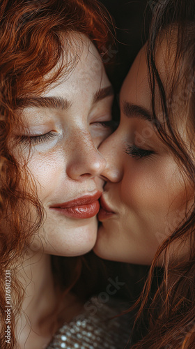 Redhead and Brunette Women Kissing Close Up