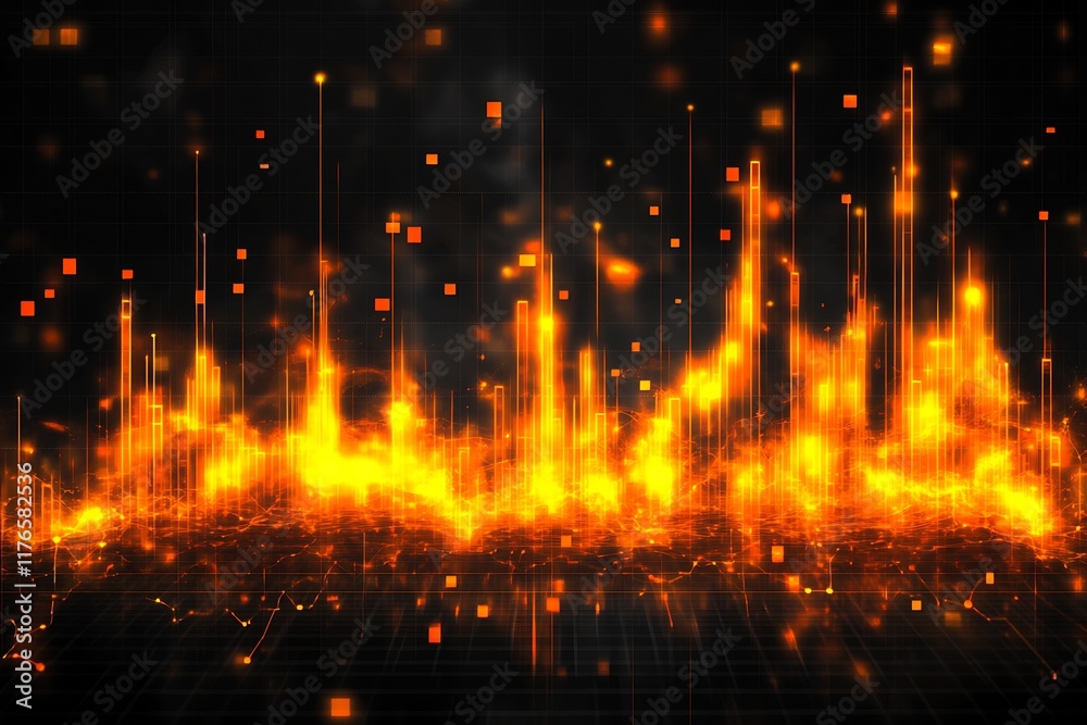 Fototapeta premium Glowing Orange Particles with Vertical Spike Design on Dark Technological Canvas : Generative AI