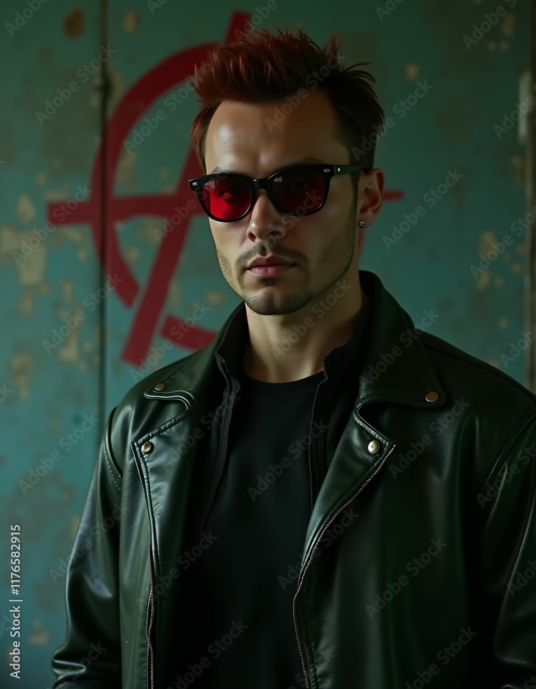 young man giving the impression of a rebel, broad shoulders, smooth facial features, colored hair, rough temperament, sunglasses, colorful leather jacket, dirty wall behind him, a symbol on the wall young man giving the impression of a rebel, broad shoulders, smooth facial features, colored hair, rough temperament, sunglasses, colorful leather jacket, dirty wall behind him, a symbol on the wall