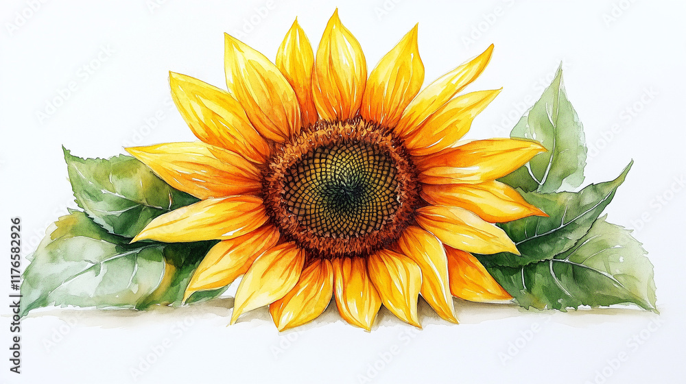 Obraz premium A single watercolor sunflower with bold yellow petals and a detailed brown center, surrounded by soft green leaves, clean white background enhancing the vibrant hues