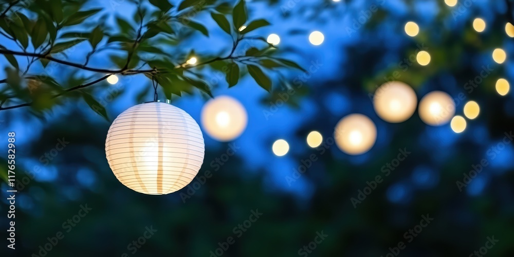 Obraz premium Elegant Paper Lantern Hanging from Branch in Evening Glow