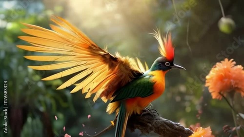Spectacular Golden-winged Bird in a Lush Garden
