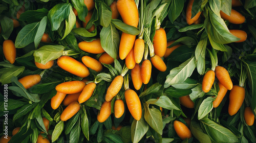 Fresh isolated orange carrot vegetables with lush green leaves for food and nutrition design photo