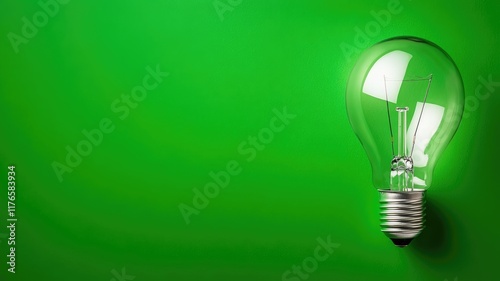 Glowing light bulb against bright green background