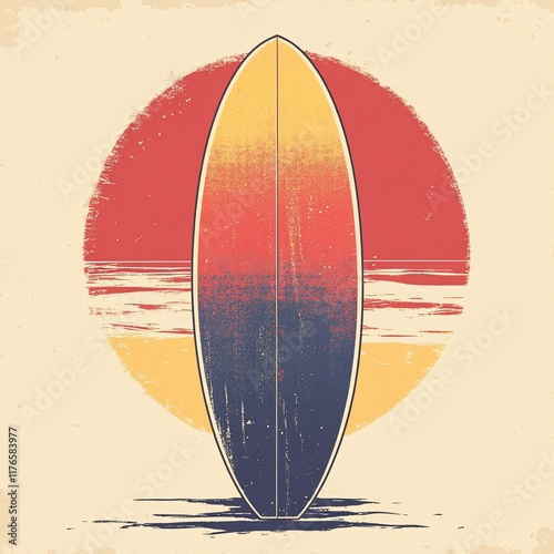 Retro surfboard graphic design against sunset backdrop. photo