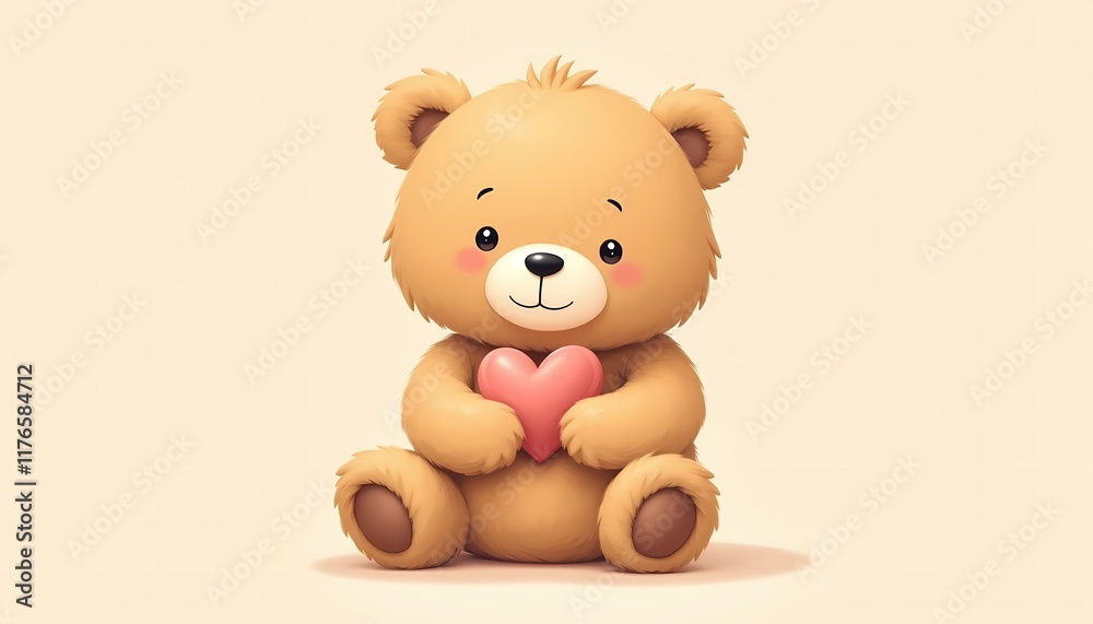 Obraz premium Adorable teddy bear holding a heart on a beige background.